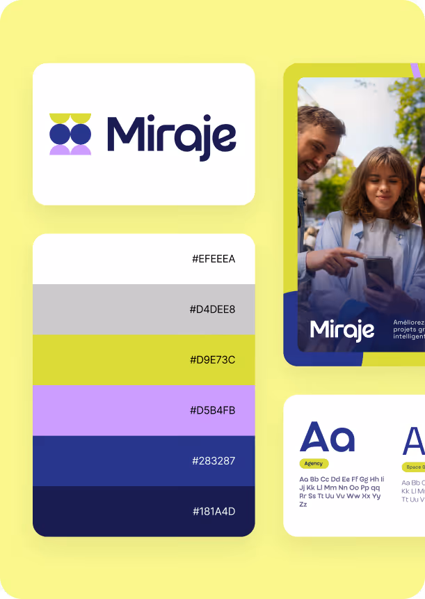 Palette de couleurs, logo Miraje, photo de personnes regardant un téléphone et exemples de typographies sur fond jaune clair.